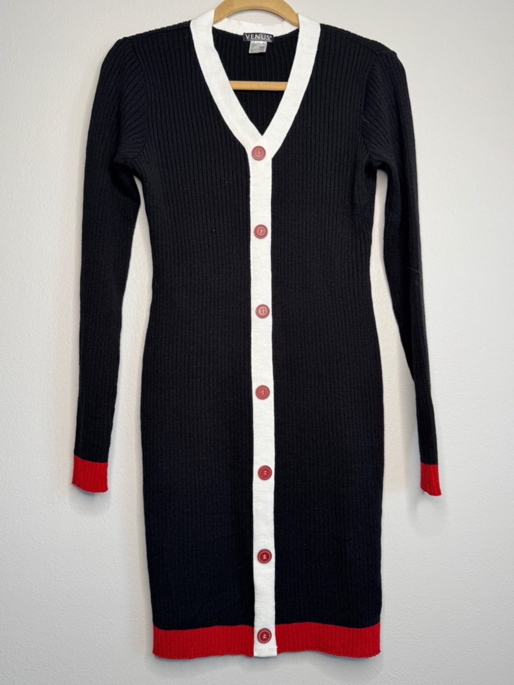 VENUS Black Ribbed Stretch Faux Button-Front Optical Illusion Dress Red White